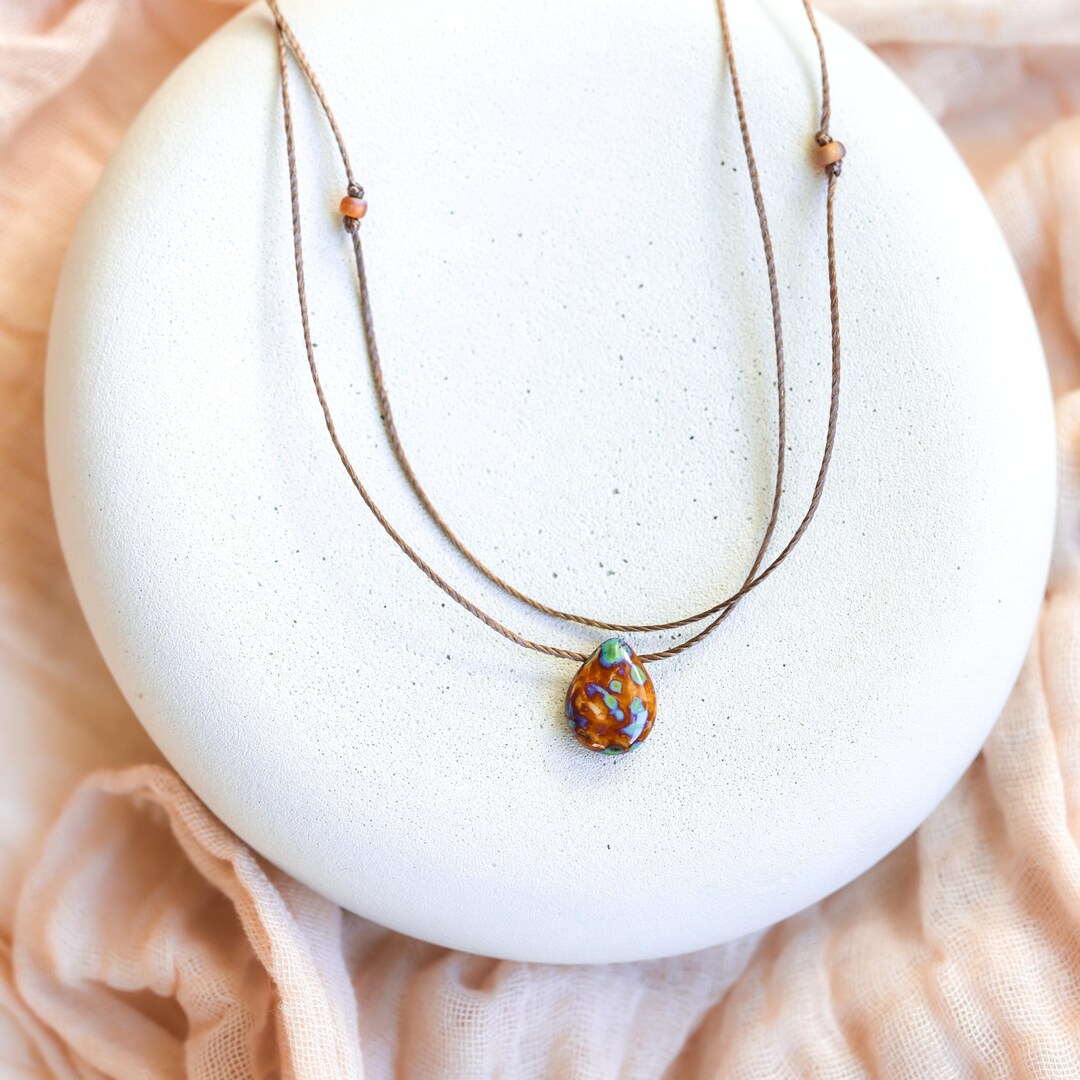 Rustic Hippie Tie Dye Pendant Necklace • Colorful Drop Double Layered 