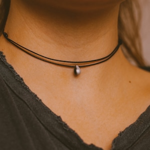 Edgy Double Layered Black Choker Necklace, Silver Teardrop Necklace, Minimalist Necklaces for Women, Boho Hippie Goth Choker, by SameSunCo