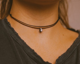Edgy Double Layered Black Choker Necklace, Silver Teardrop Necklace, Minimalist Necklaces for Women, Boho Hippie Goth Choker, by SameSunCo