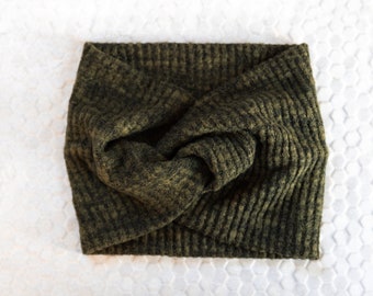 Army Green Headband • Cozy Waffle Knit Twisted Headband for Messy Bun • Soft Ear Warmer • Warm Turban Head Wrap for Women • Hippie Gift