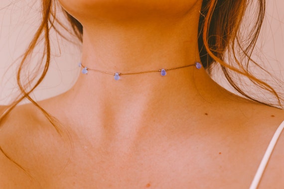 Dainty Teardrop Choker Necklace, Iridescent Blue Beaded Choker, WATERPROOF,  Boho Jewelry, Aesthetic Chokers for Women, Fairy Mermaid Jewelry 