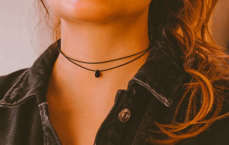 Dainty Double Layered Black Choker Necklace, Teardrop Necklace, Thin Cord Choker, Boho Choker, Hippie Necklaces for Women, Minimalist Choker image 1