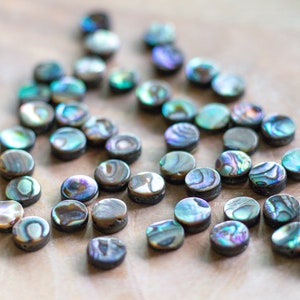 May include: A collection of iridescent abalone shell beads. The beads are round and flat, displaying a range of colors including blue, green, purple, and brown. These beads are ideal for jewelry making and crafting projects.