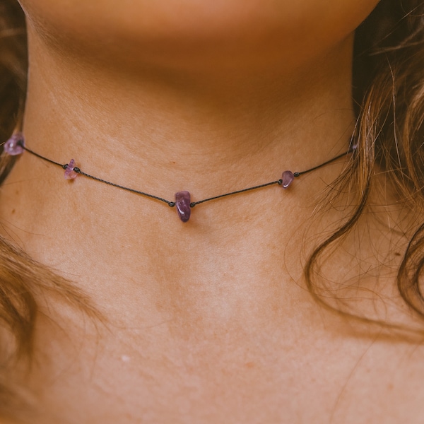 Amethyst Necklace, Amethyst Crystal Necklace, Dainty Black Choker, Hippie Grunge Crystal Choker, Earthy Crystal Jewelry, February Birthstone