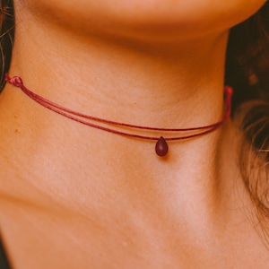 Dainty Double Layered Red Choker Necklace, Teardrop Necklace, Indie Boho Choker, Thin Minimalist Gothic Choker, Hippie Necklaces for Women