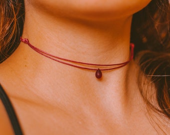 Dainty Double Layered Red Choker Necklace, Teardrop Necklace, Indie Boho Choker, Thin Minimalist Gothic Choker, Hippie Necklaces for Women
