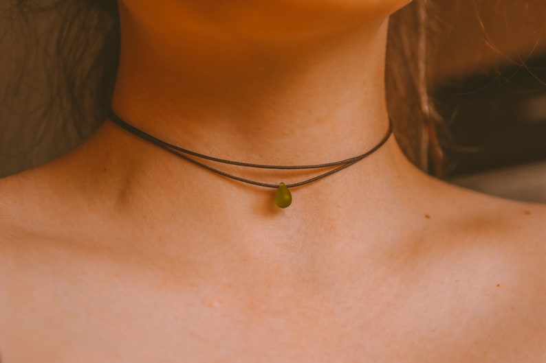 Hippie Necklace, Olive Green Teardrop Necklace, Boho Choker, Dainty Necklaces for Women, Minimalist Choker, Adjustable Cord Choker image 1