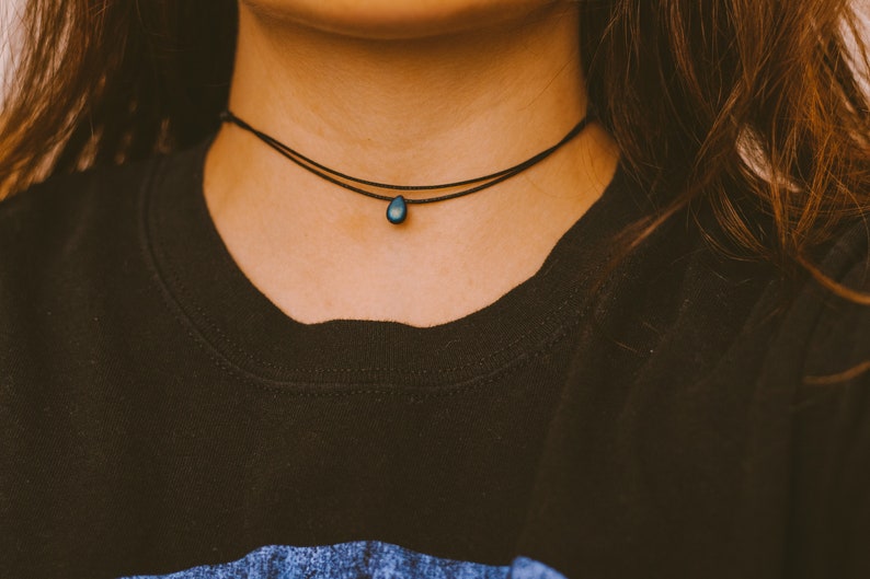 Edgy Double Layered Thin Black Choker Necklace, Teardrop Necklace, Minimalist Goth Jewelry, Hippie Necklace, Indie Gothic Style, Boho Choker image 5