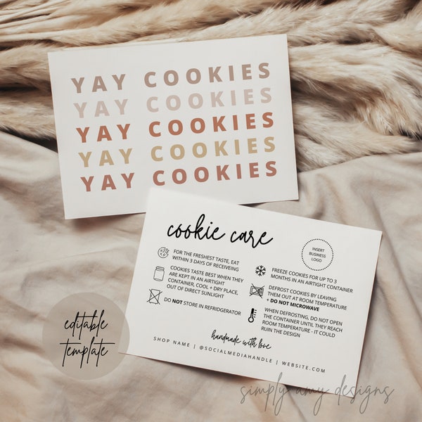 Editable Cookie Care Card Canva Template, Cookie Card Template, Minimalist Bakery Template, Bakery Business Card, Small Business Template