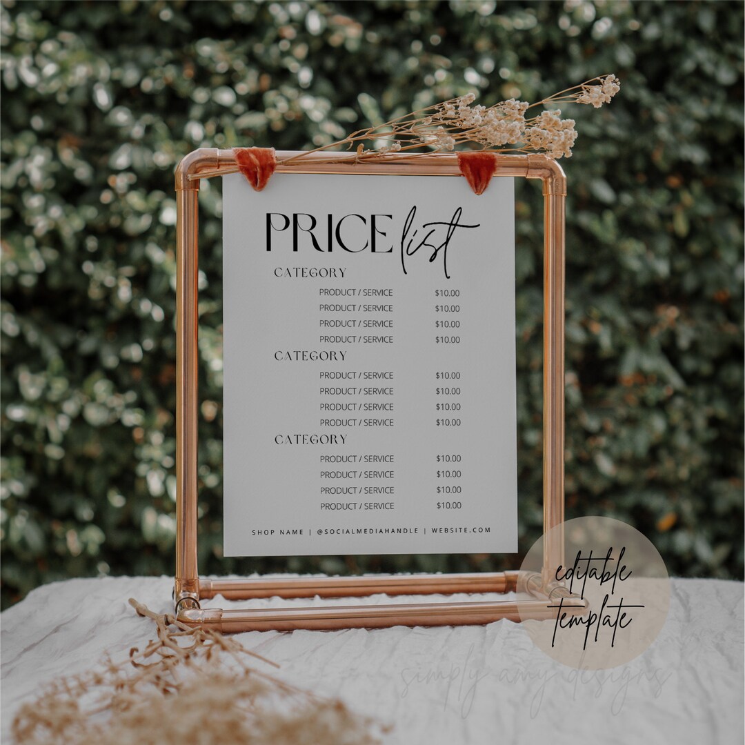 Editable Price List Canva Template, Price List Template, Small Business