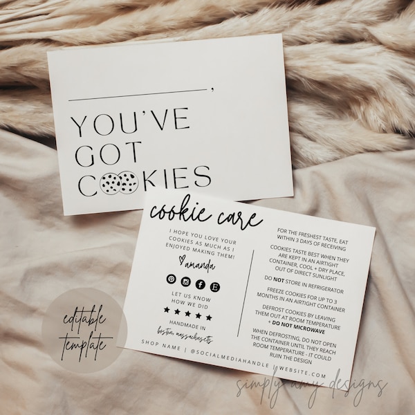 Editable Cookie Care Card Canva Template, Cookie Card Template, Small Business Template, Cookie Stationery Packaging, Baking Care Card