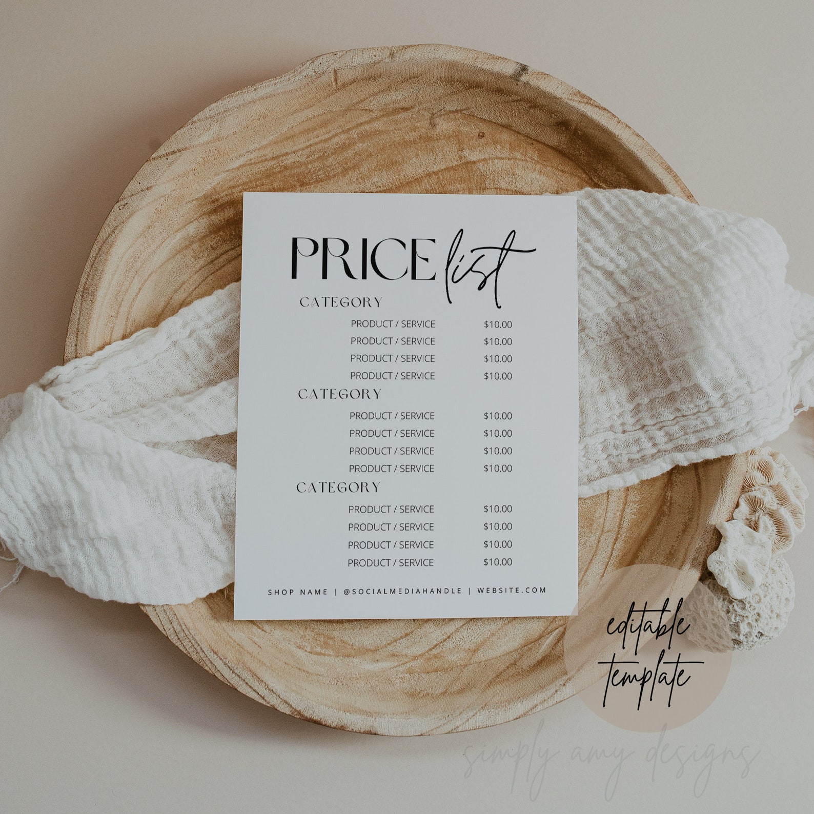 Editable Price List Canva Template, Price List Template, Small Business