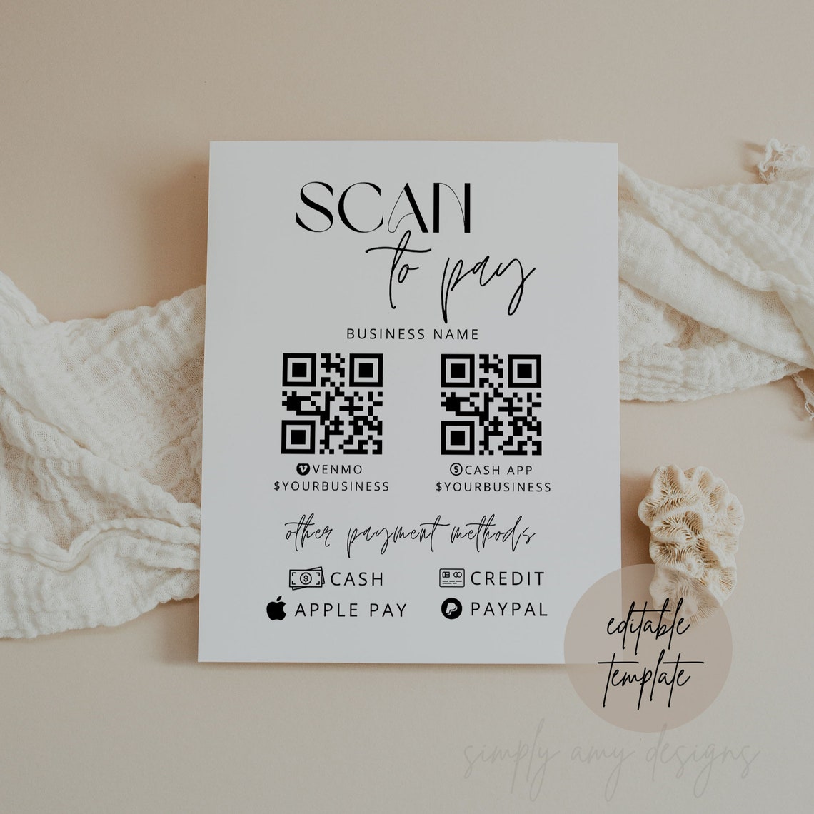 Editable Payment Method Sign Template Scan to Pay Sign Canva Template