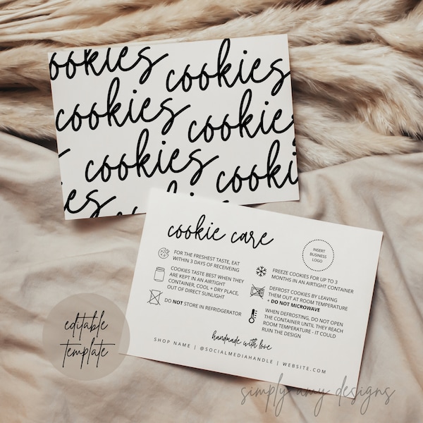 Bewerkbare Cookie Care Card Canva-sjabloon, Cookie-kaartsjabloon, minimalistische bakkerijsjabloon, bakkerij-visitekaartje, sjabloon voor kleine bedrijven