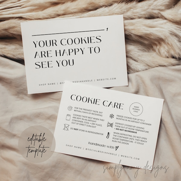 Editable Cookie Care Card Canva Template, Cookie Card Template, Minimalist Bakery Template, Bakery Business Card, Small Business Template