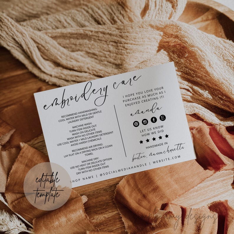 Editable Embroidery Care Card Canva Template, Embroidery Card Template
