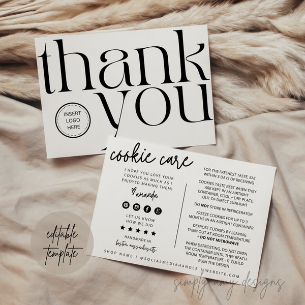 Editable Cookie Care Card Canva Template, Cookie Card Template, Small Business Template, Cookie Stationery Packaging, Baking Care Card