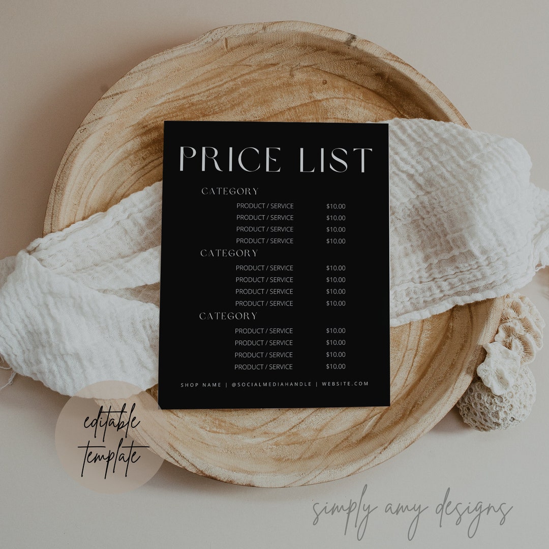 Editable Price List Canva Template, Price List Template, Small Business