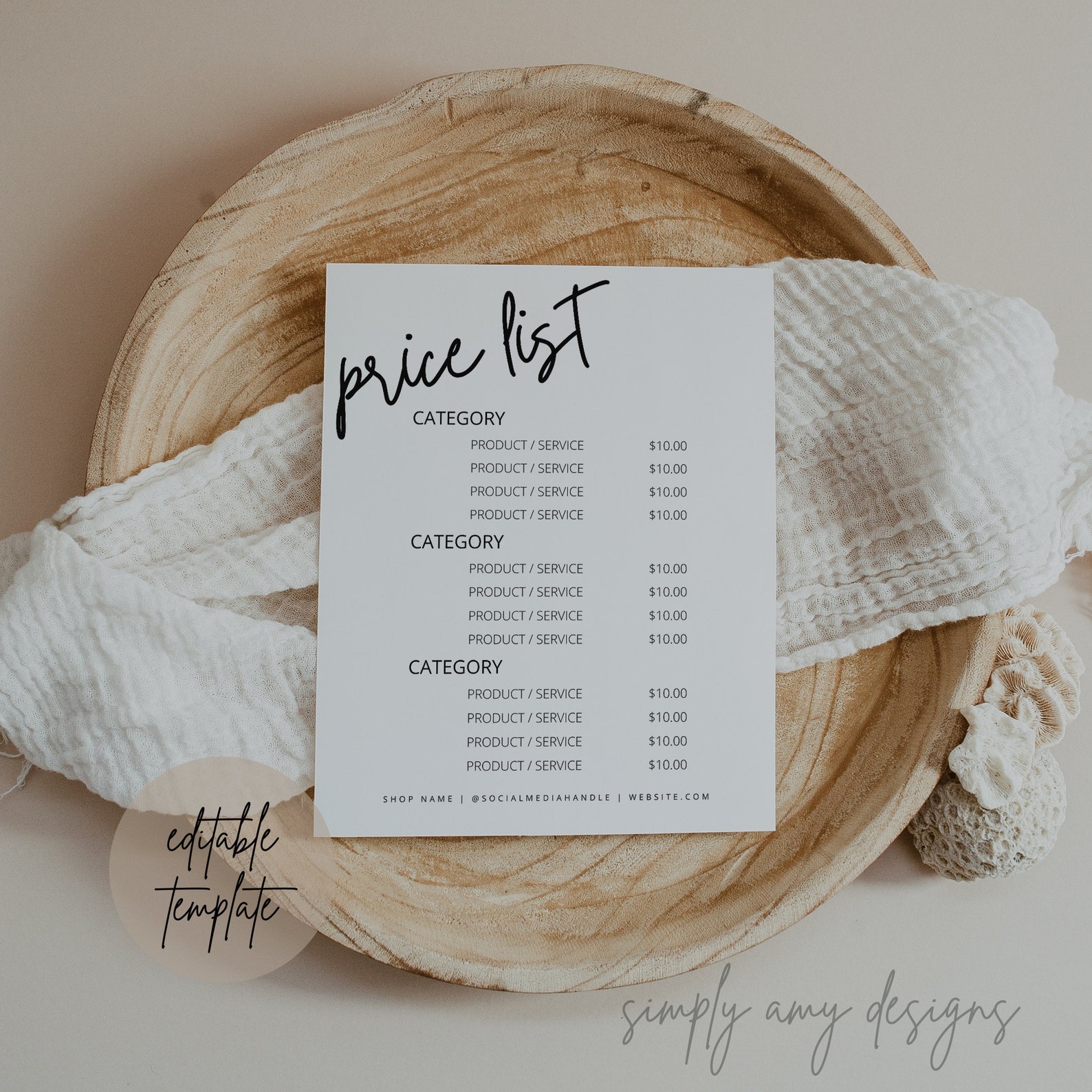 Editable Price List Canva Template, Price List Template, Small Business