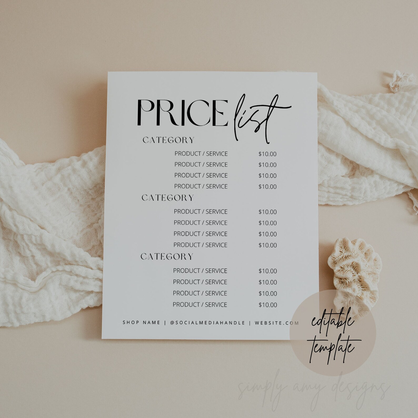 Editable Price List Canva Template, Price List Template, Small Business