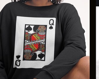Black Queen of Spades Crewneck Sweatshirt, African American Women's Fashion