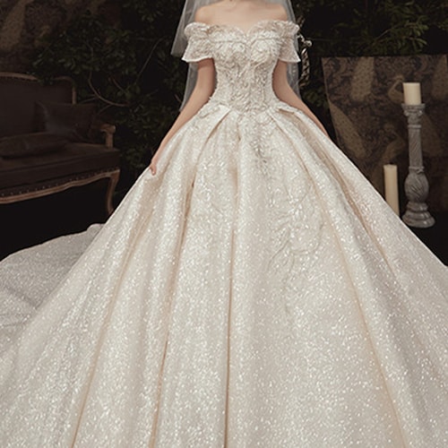 Stunning Glitter Tulle Wedding Dress Off-the-shoulder Bridal | Etsy