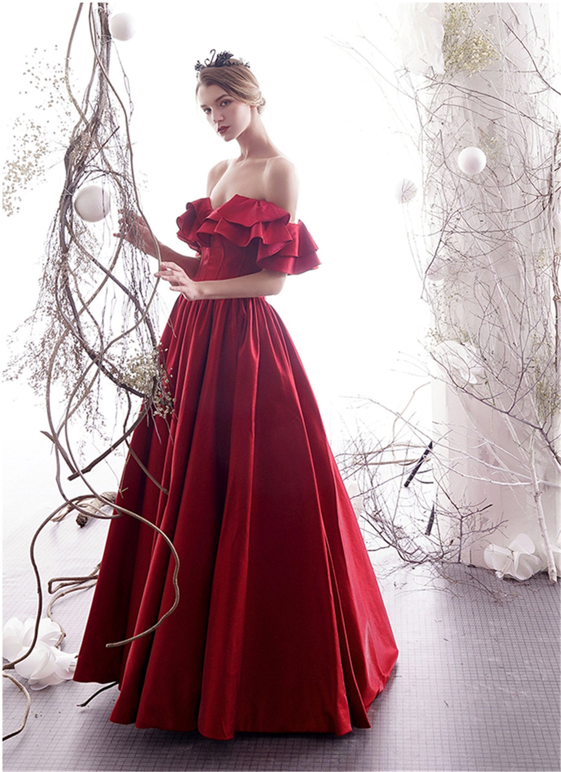 Elegant Dark Red Satin Wedding Dress Ruffle Neckline Bridal image 1