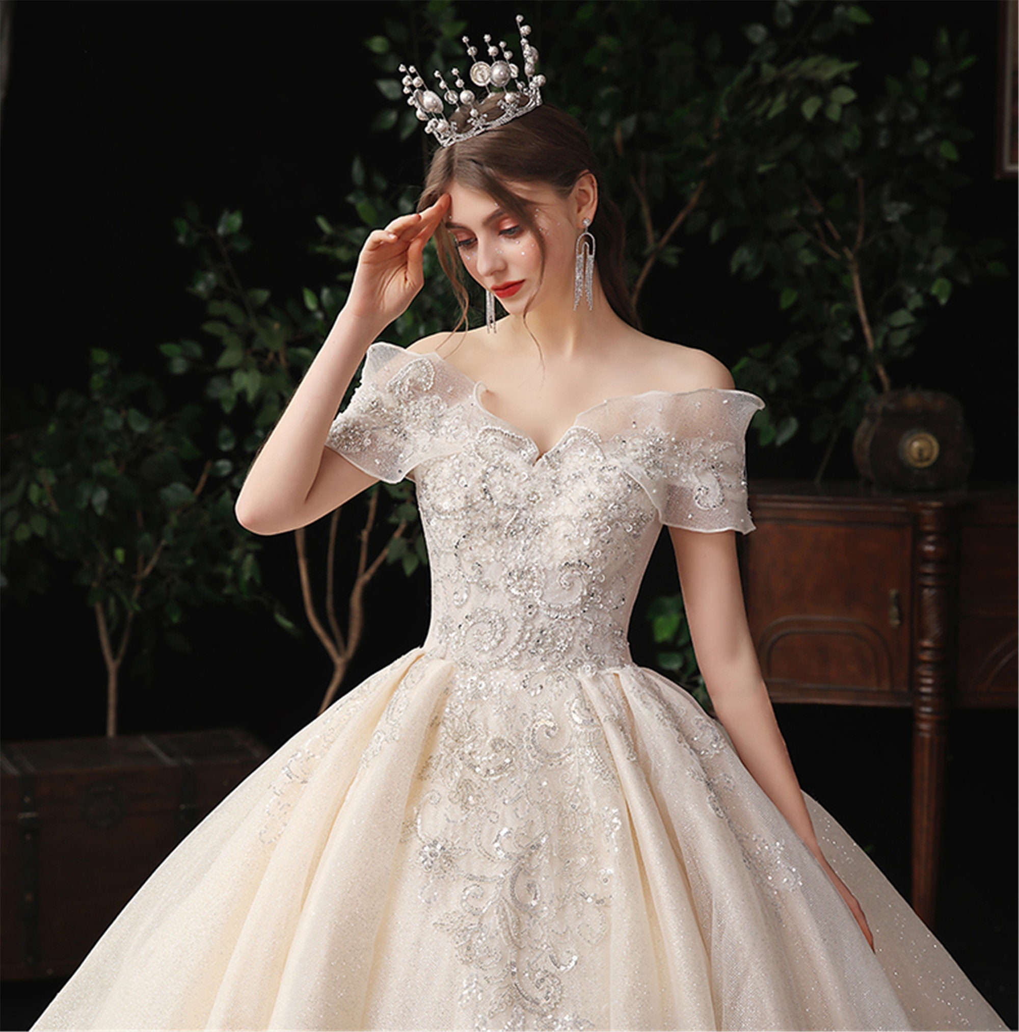 Stunning Crystal Beading Wedding Dress Off-the-Shoulder Bridal | Etsy