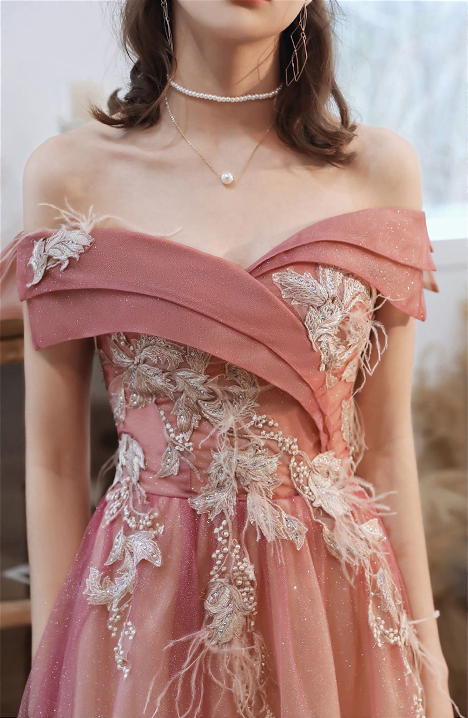 Off-the-shoulder Wedding Dress Pink Glitter Tulle Bridal Dress - Etsy