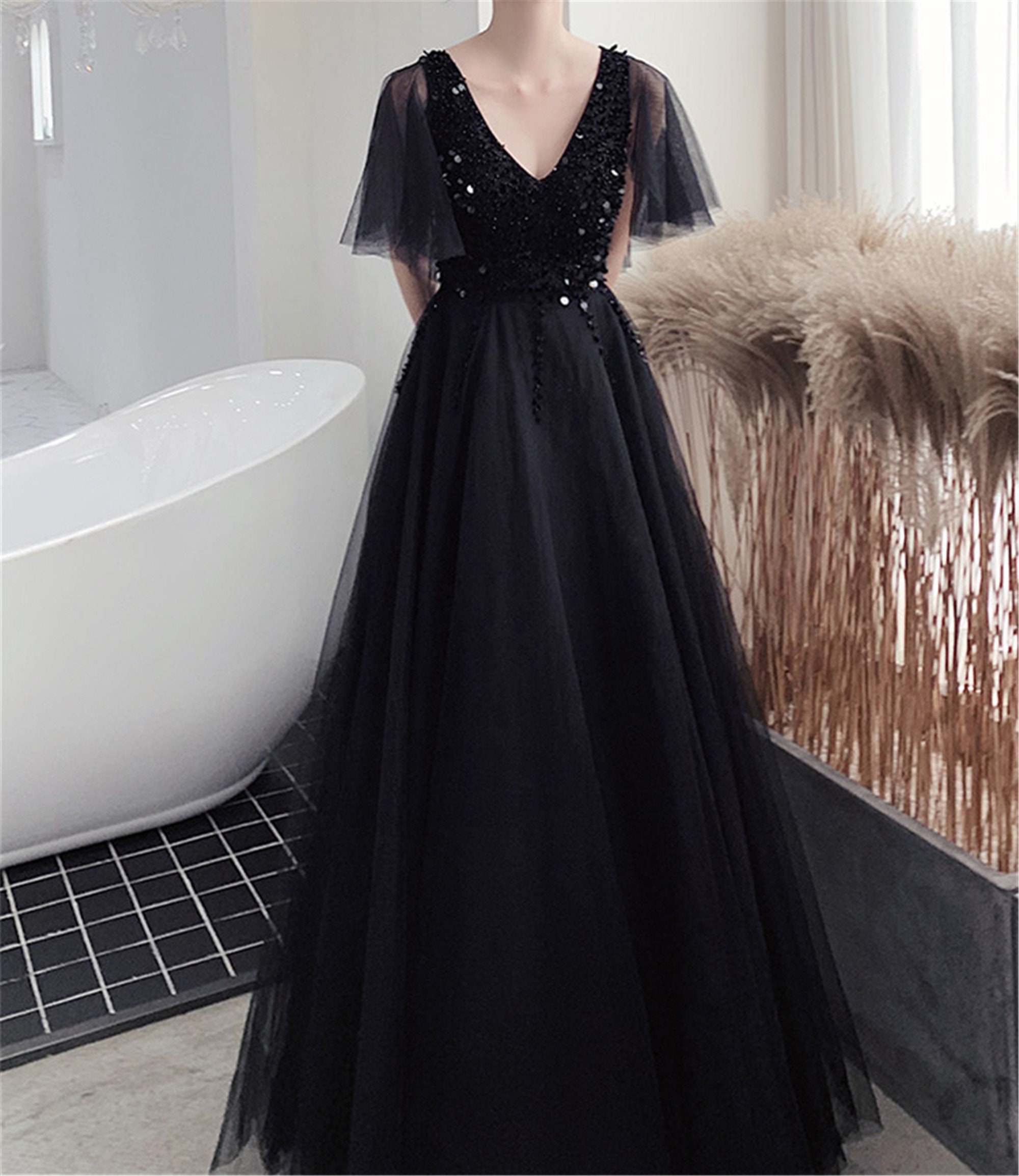 Black Prom Dress V Neck Bridesmaid Dress Dreamy Aline Etsy