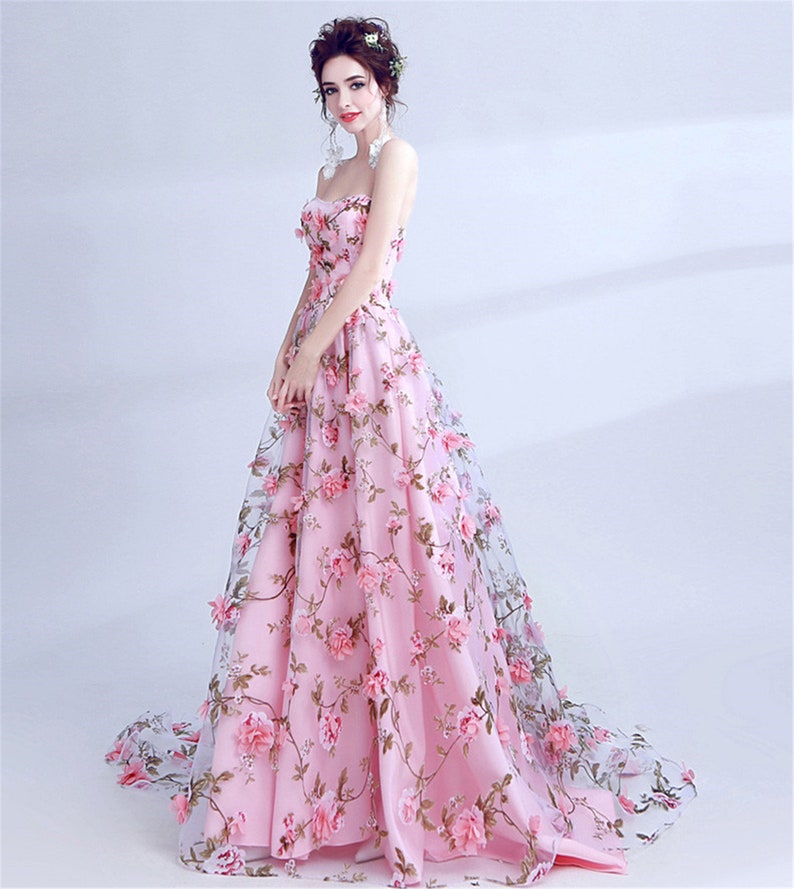 Pink Organza Wedding Dress 3D-Flower Appliques Bridal Dress Elegant Floral Cocktial Dress A-Line Evening Party Dress Pink Graduation Dress 