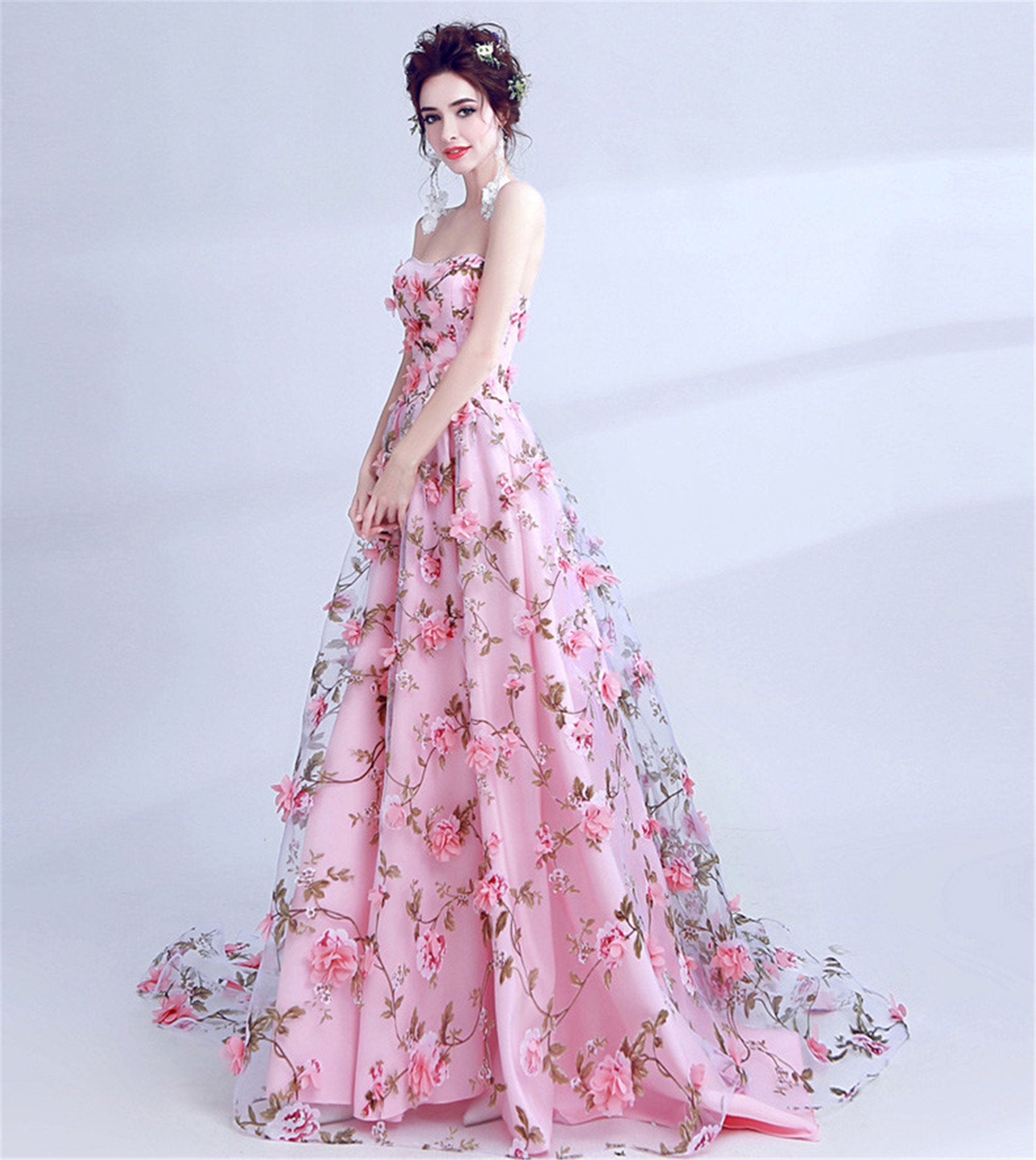 Pink Organza Wedding Dress 3DFlower Appliques Bridal Dress Etsy