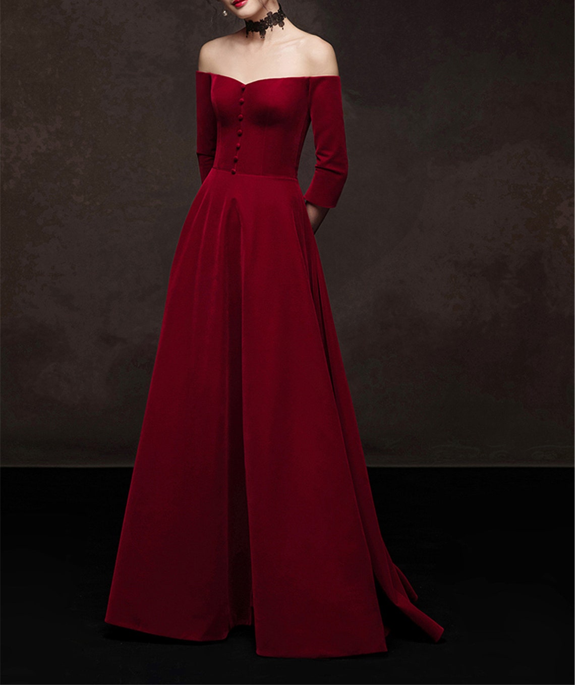 Velvet Wedding Dress Burgundy Red Off-the-Shoulder Bridal image 1