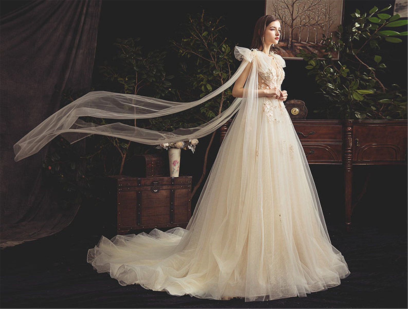 Romantic Shoulder Cape Wedding Dress Sexy Deep V Bridal Dress Etsy