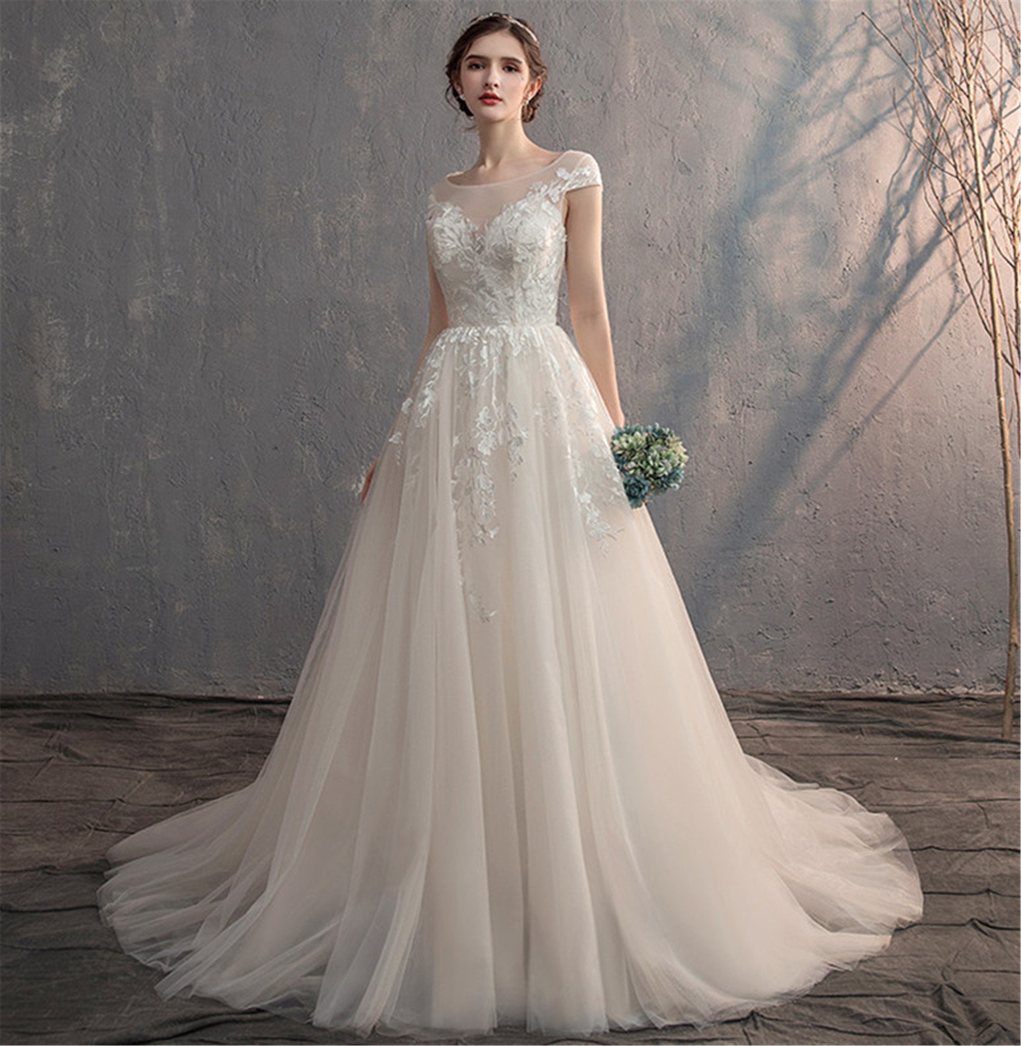 Deep V-Neck Wedding Dress Elegant Lace Appliques Bridal Dress | Etsy