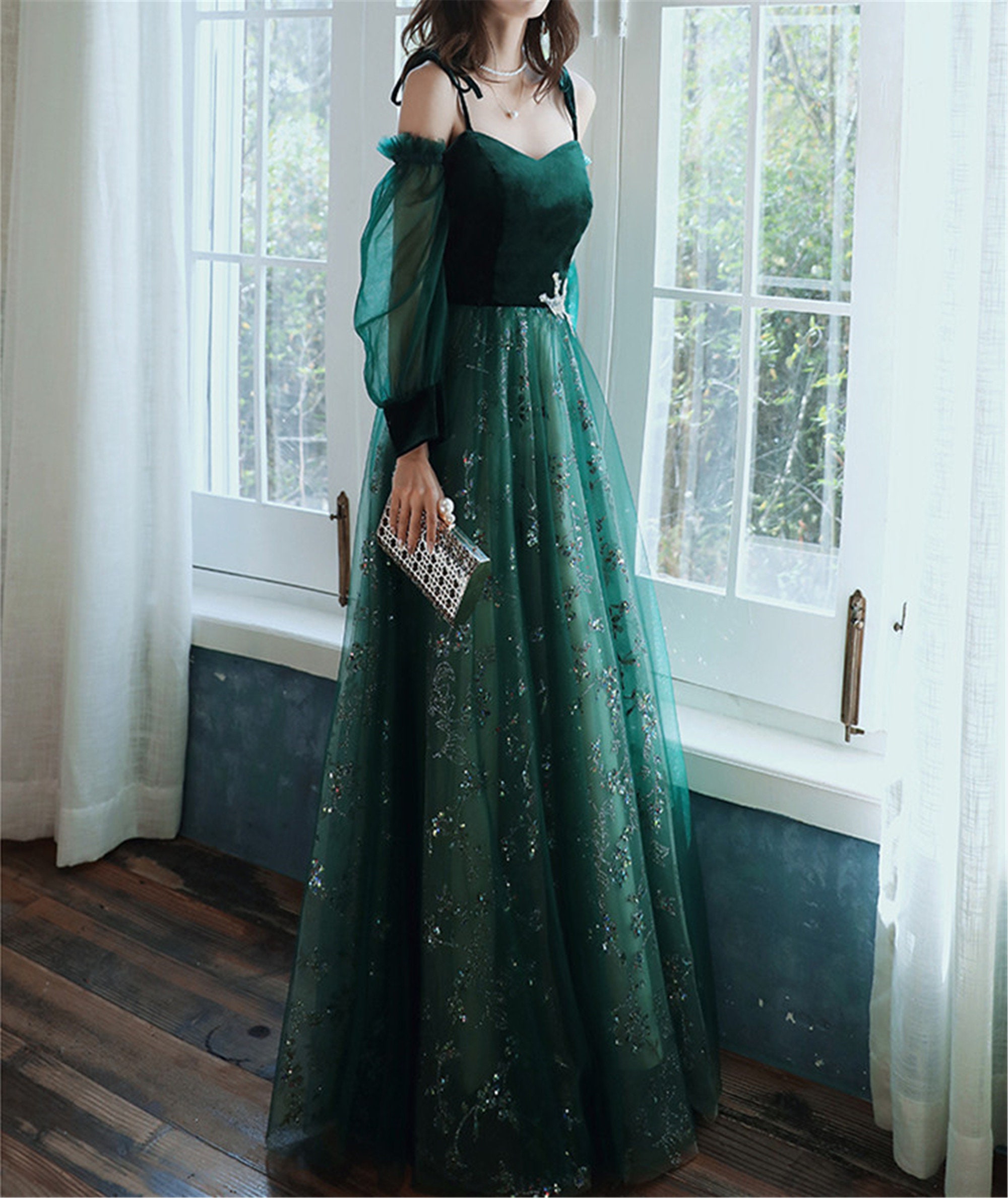 Dark Green Wedding Dress Tulle Stunning Sequin Bridal Dress - Etsy Sweden