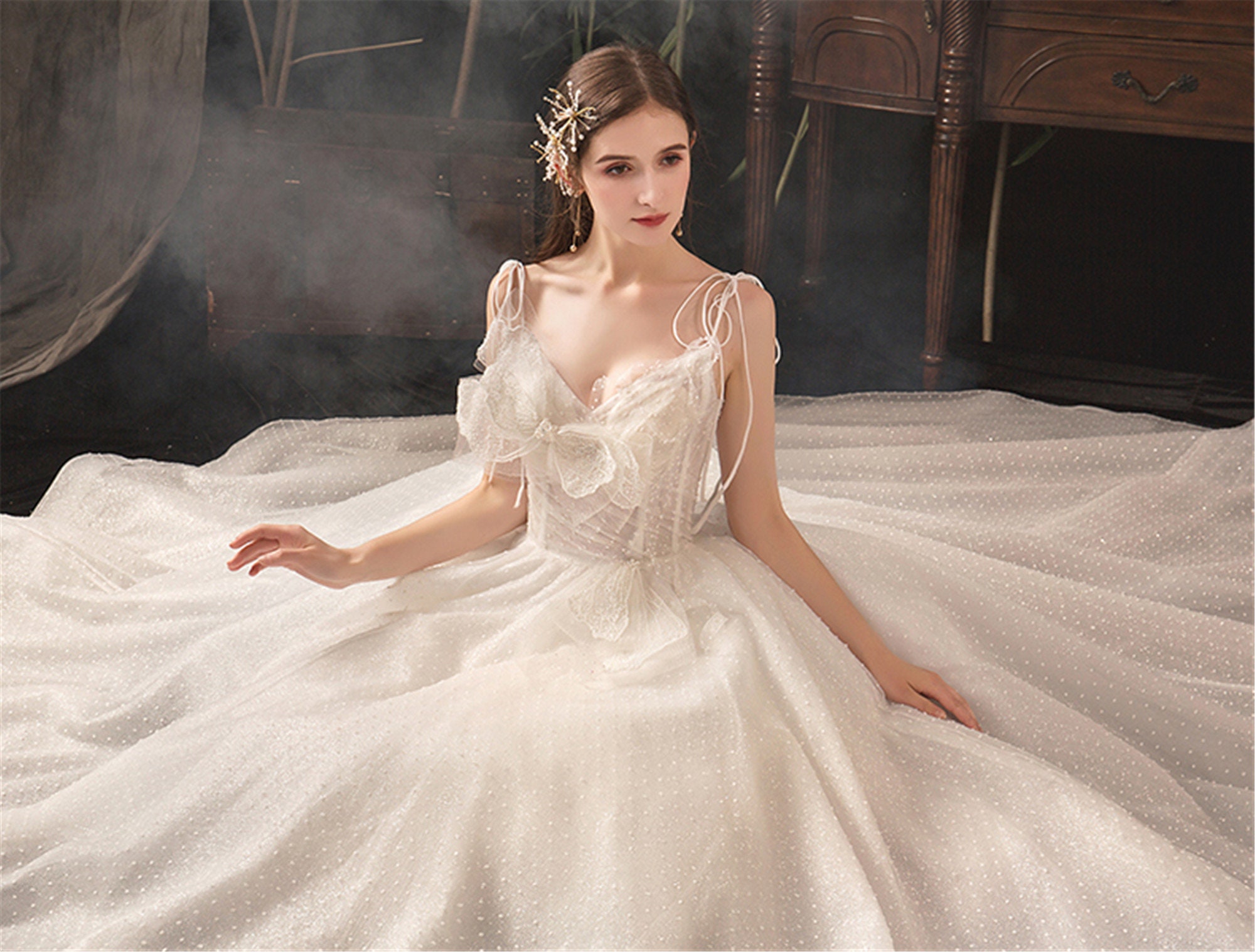 Romantic Spaghetti Strap Ivory Tulle Wedding Dress Stunning | Etsy