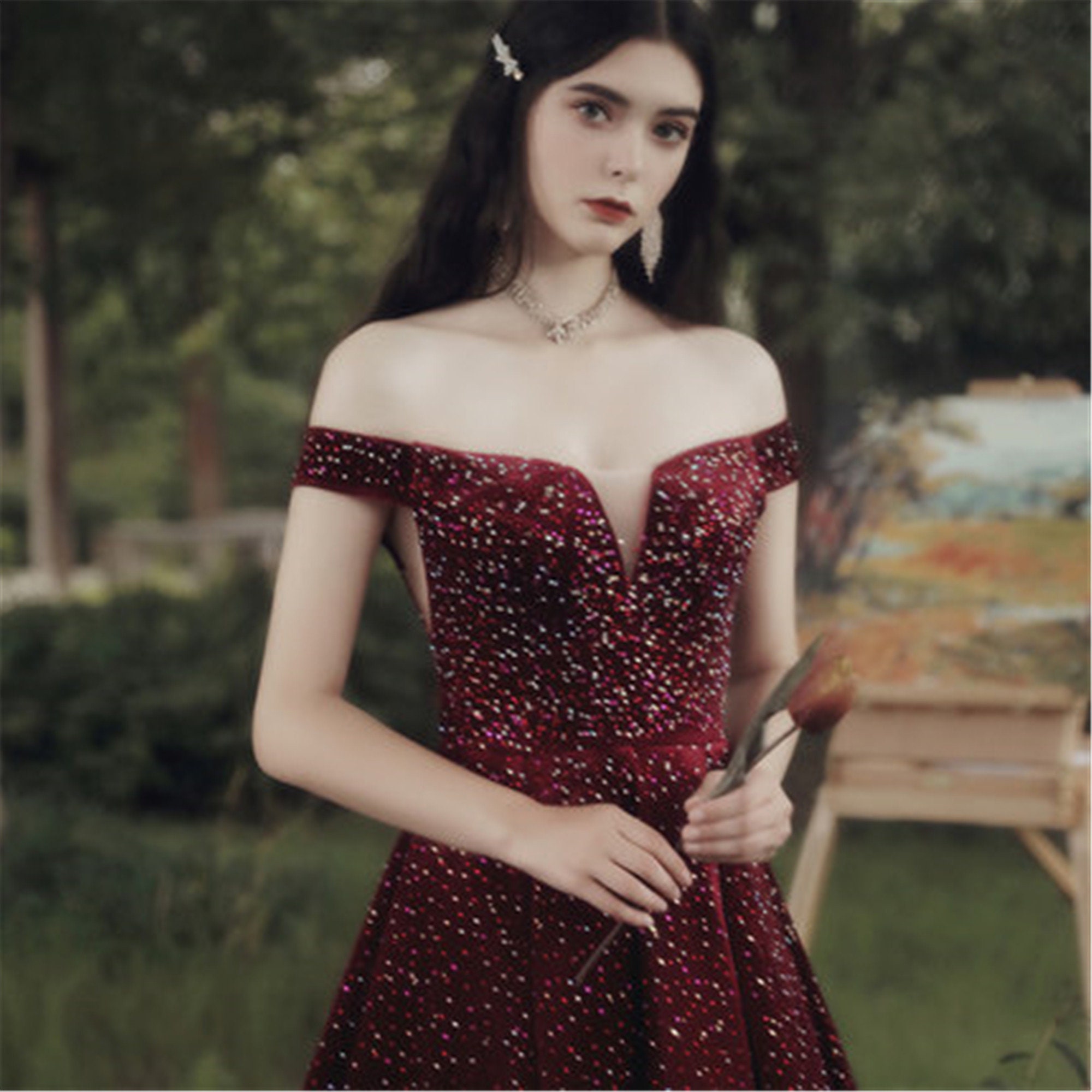 Tea-length Burgundy Red Wedding Dress Sparkling Sequin Bridal | Etsy