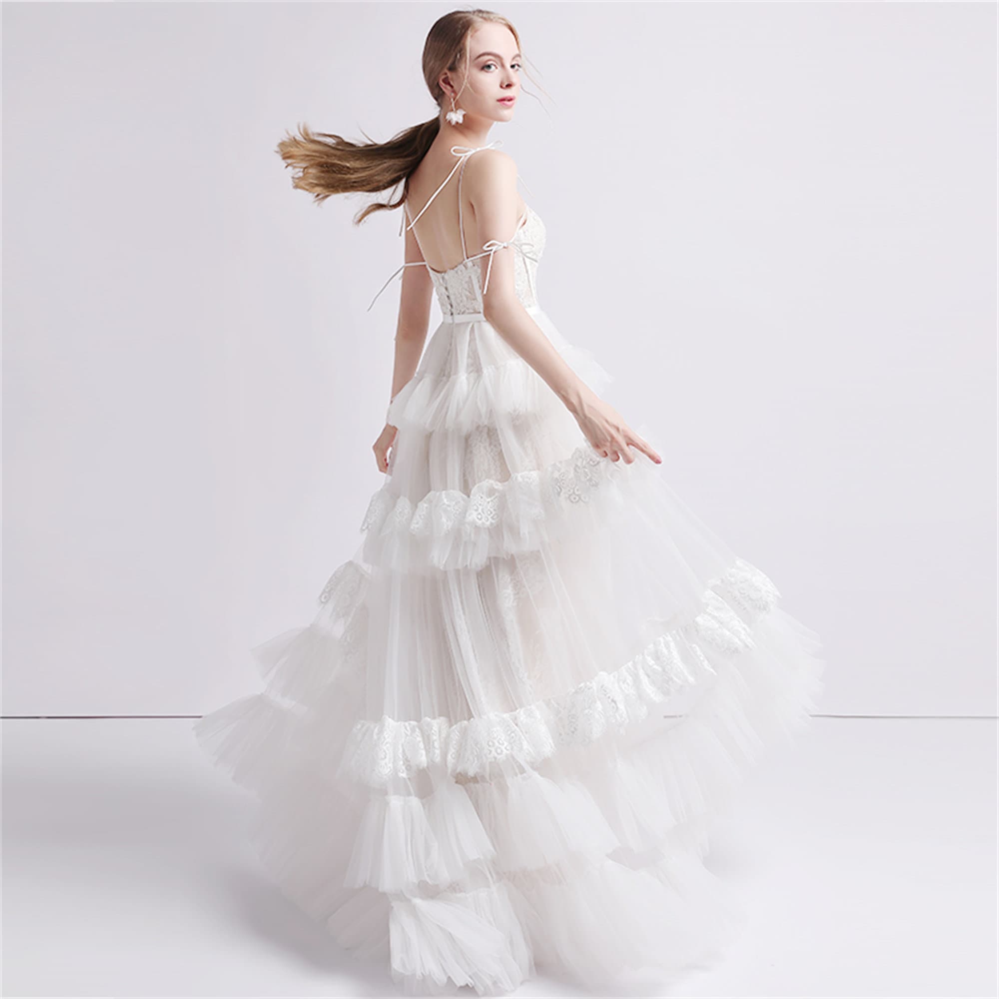 Elegant Lace Wedding Dress White Tiered Bridal Dress Etsy