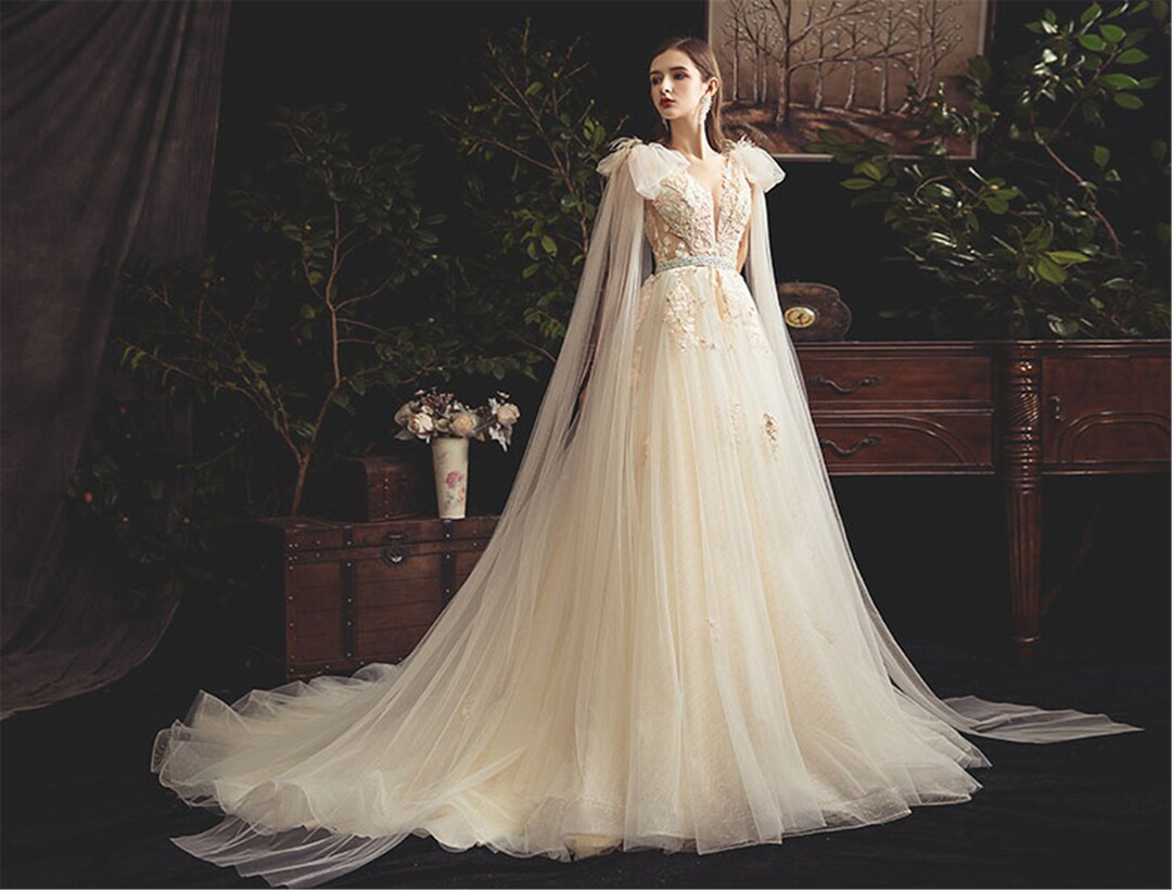 Romantic Shoulder Cape Wedding Dress Sexy Deep V Bridal Dress Etsy