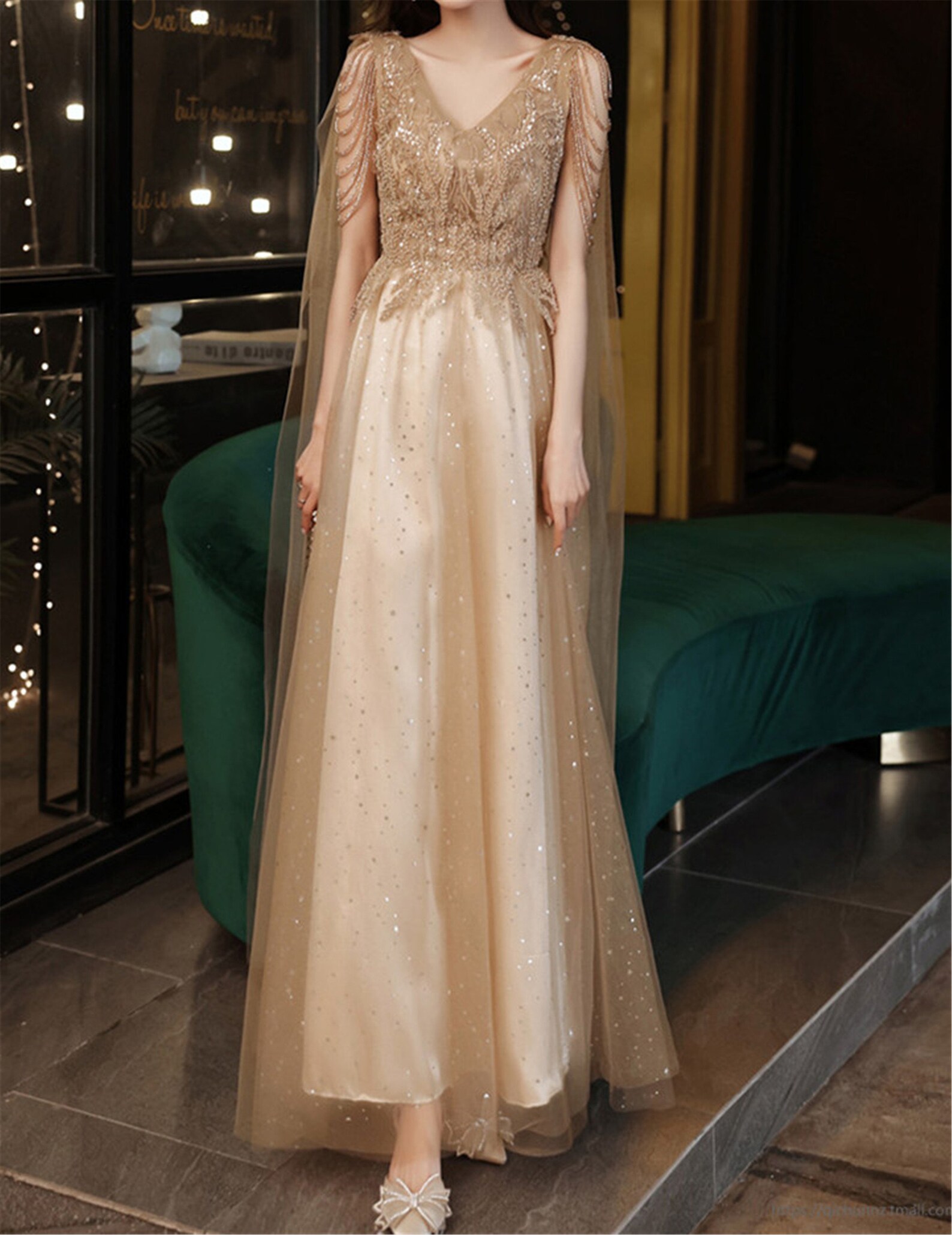 khaki evening gown