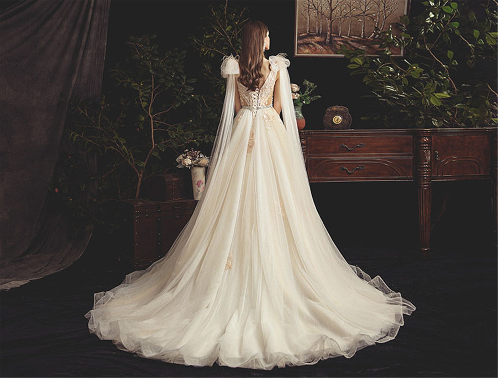Romantic Shoulder Cape Wedding Dress Sexy Deep V Bridal Dress Etsy