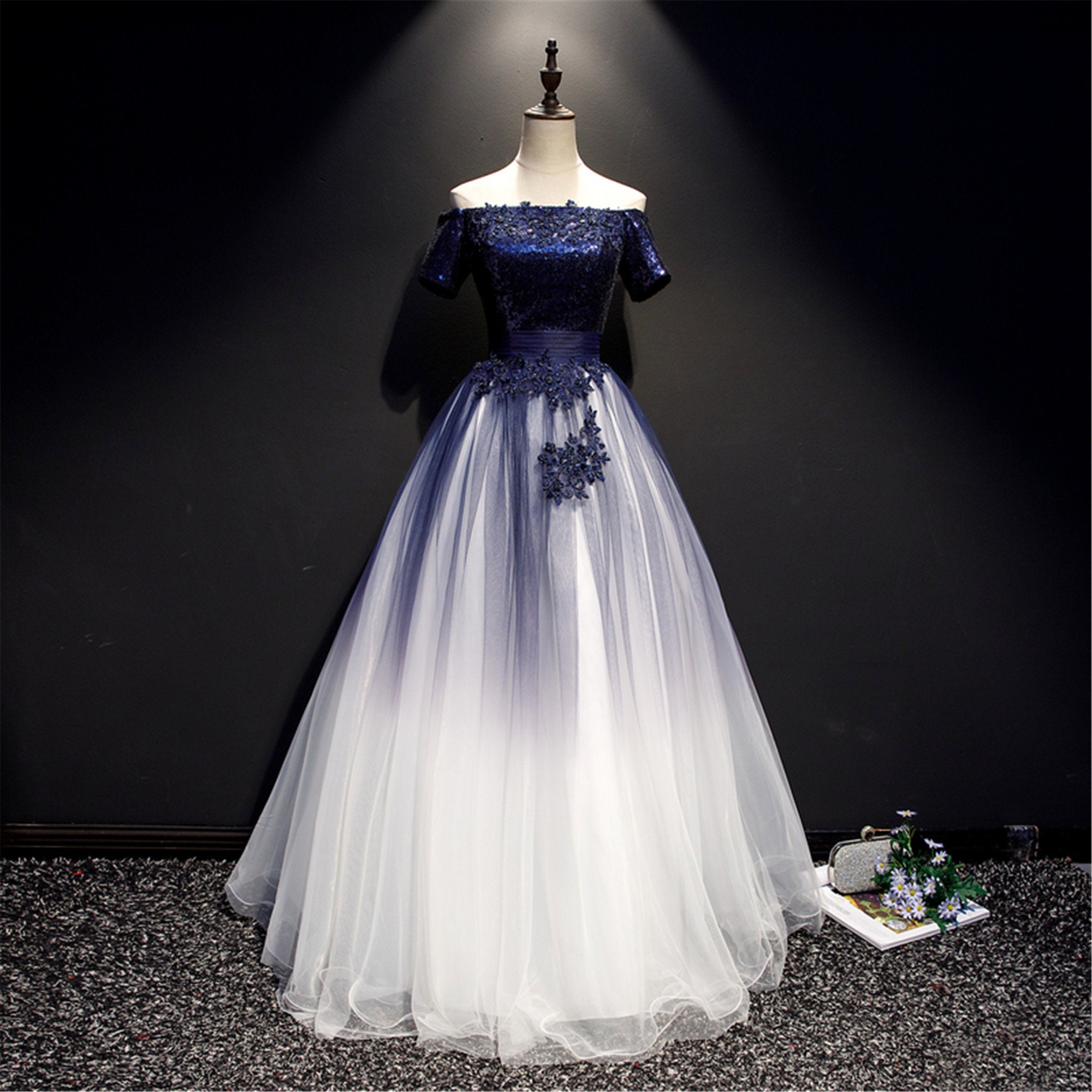 Azul oscuro Quinceanera vestido fuera del hombro vestido de - Etsy España