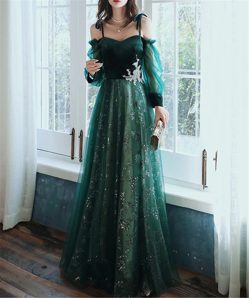 Dark Green Wedding Dress Tulle Stunning Sequin Bridal Dress Etsy