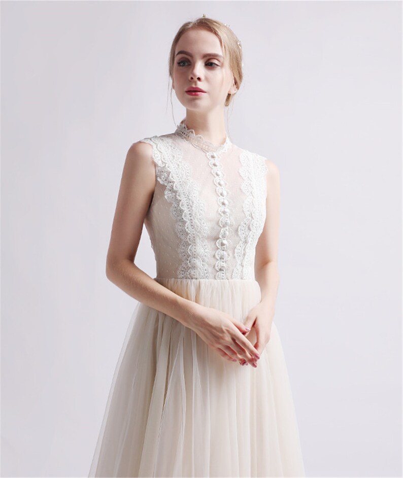 High Neck Wedding Dress Romantic White Lace Bridal Dress Elegant Tulle Bridesmaid Dress Zipper Back Prom Dress Buttom Bridal Dress Long