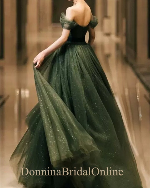 Elegant Dark Green Puffy A-line Prom Dress Off-the-shoulder - Etsy Ireland