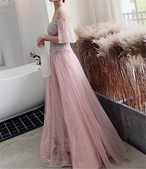 deadline Vernietigen Verkleuren Roze Kant Prom Jurk Off-the-Shoulder Bridesmaid Dress Dreamy - Etsy België