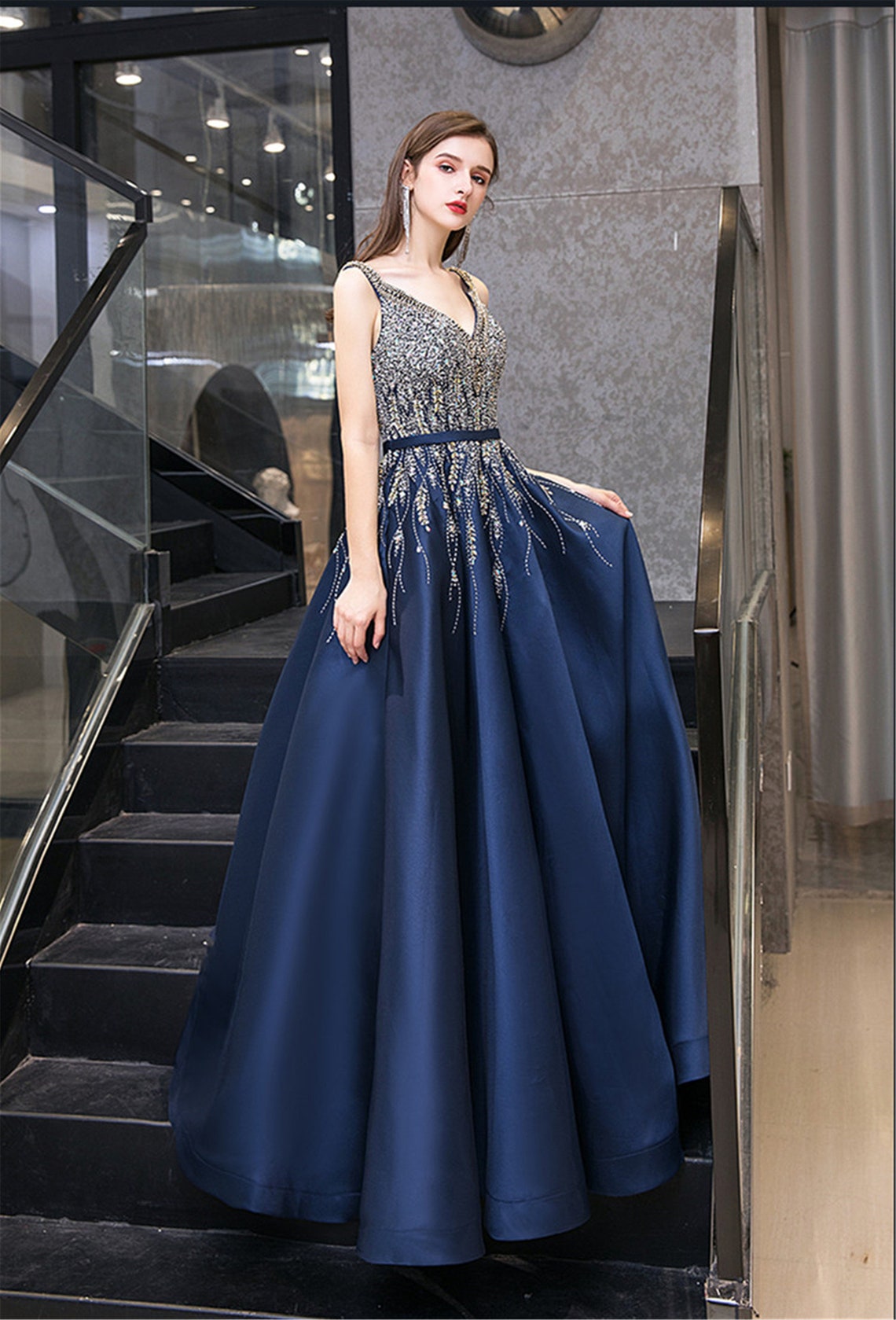 Navy Blue Satin Wedding Dress Sparkling Crystal Sequin Bridal image 2