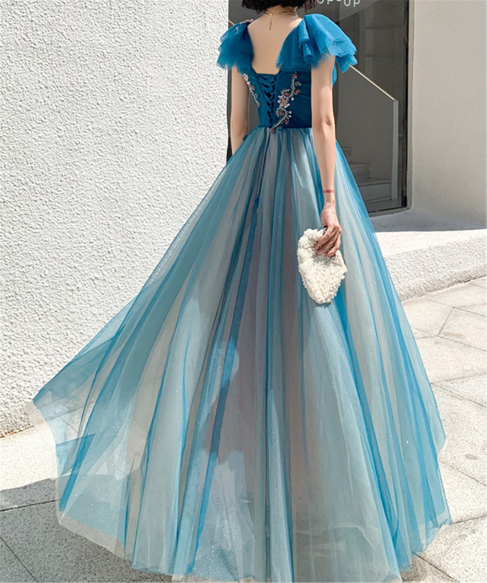Peacock Blue Prom Dress Crew Neckline Bridesmaid Dress Dreamy Etsy