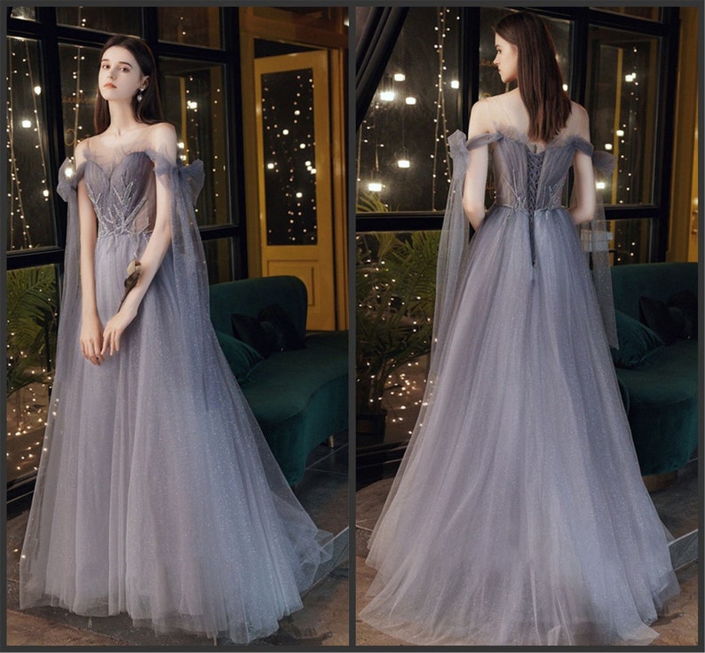 Gray Blue Prom Dress Stunning Glitter Tulle Bridesmaid Dress Long Tulle Sleeves Graduation Dress Illusion Evening Dress Floor Length 